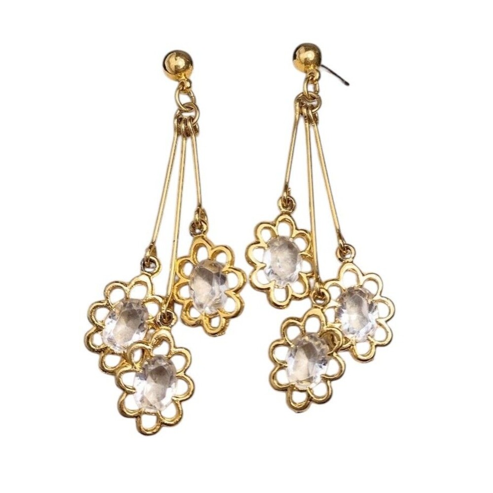 Vintage AVON Crystal Flower Gold tone Tassel Dangle Earrings